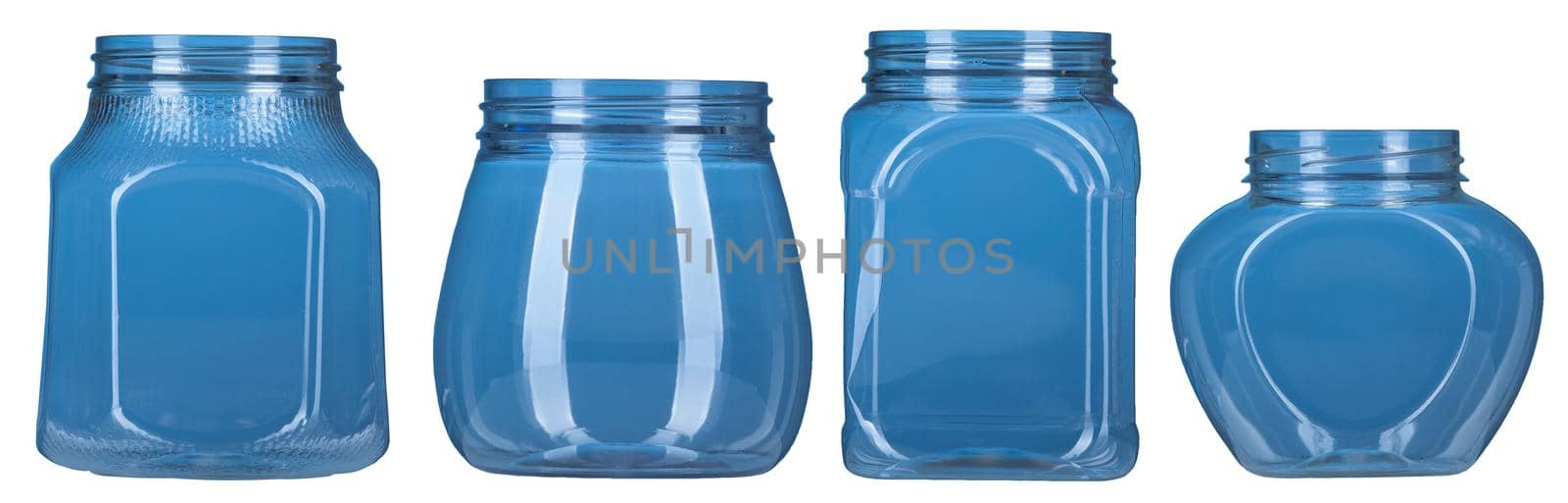 group of transparent deep blue color plastic bottle isolated