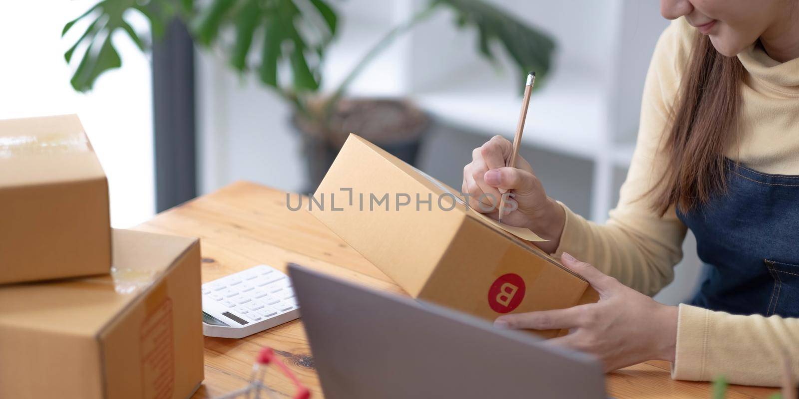 Portrait, entrepreneur, young Asian woman, freelance business, sme business, online shopping, working on laptop computer with parcel box on home office table, online business and delivery concept..