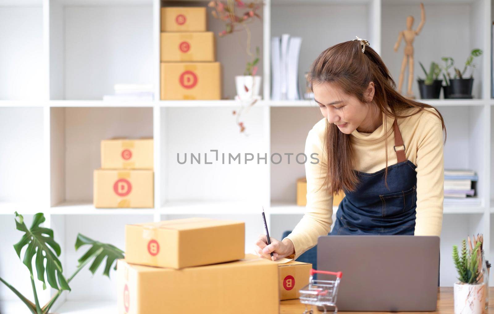Starting small businesses SME owners female entrepreneurs Write the address on receipt box and check online orders to prepare to pack the boxes, sell to customers, sme business ideas online. by wichayada