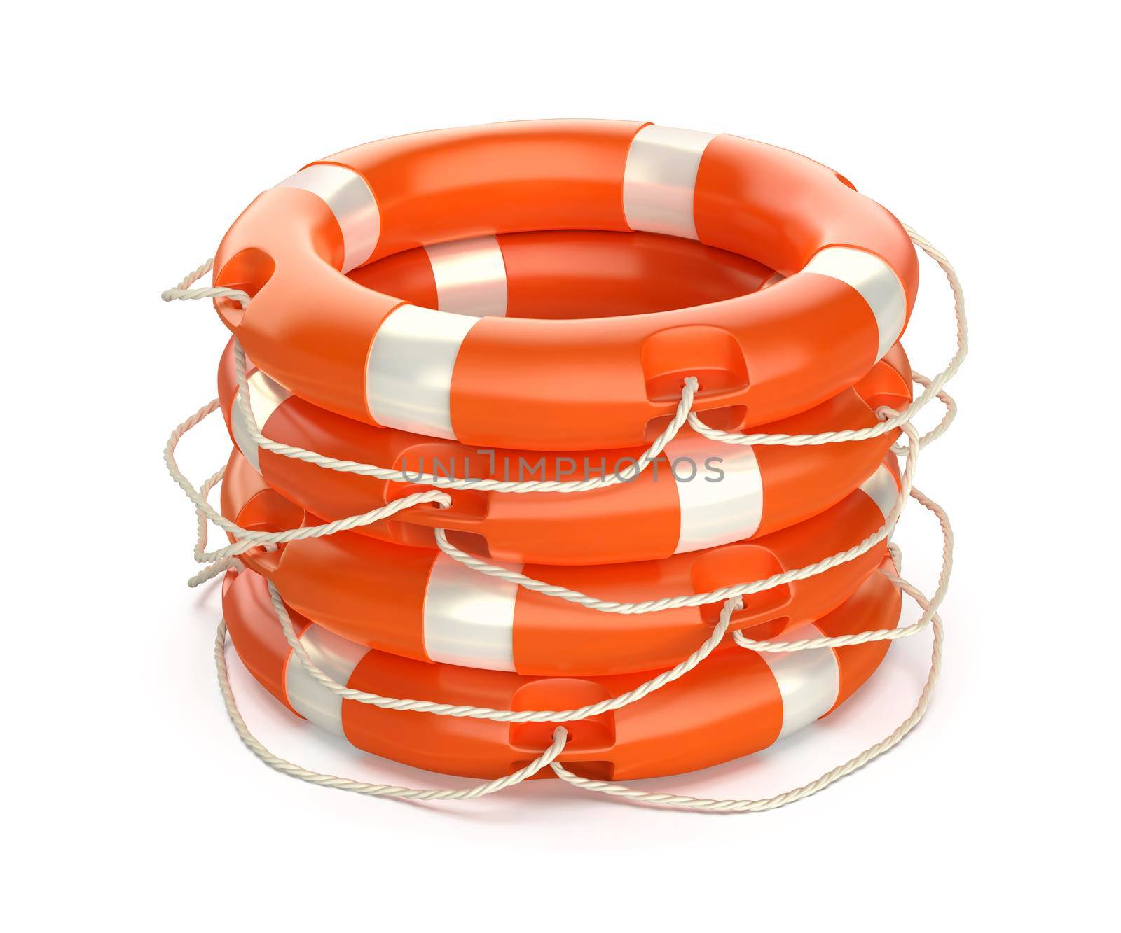 Stack with four lifebuoy rings on white background