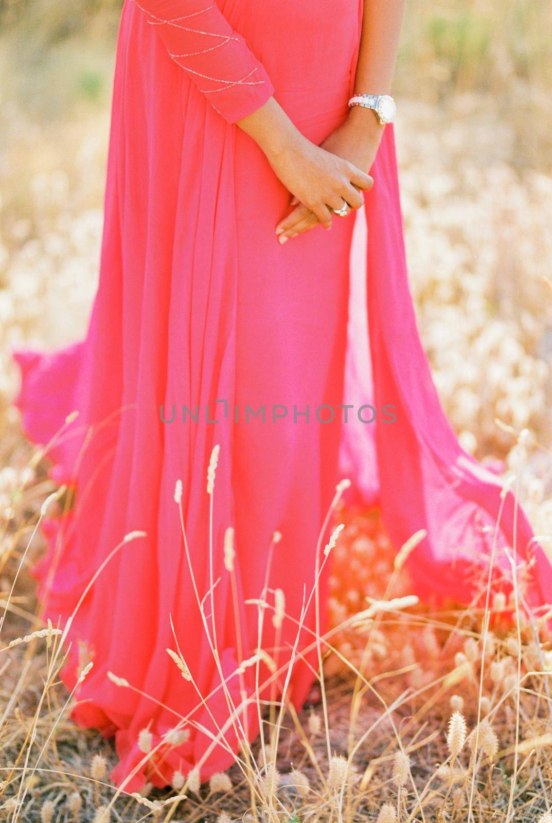 Woman in a red dress stands on a field among dry grass. Close-up. High quality photo