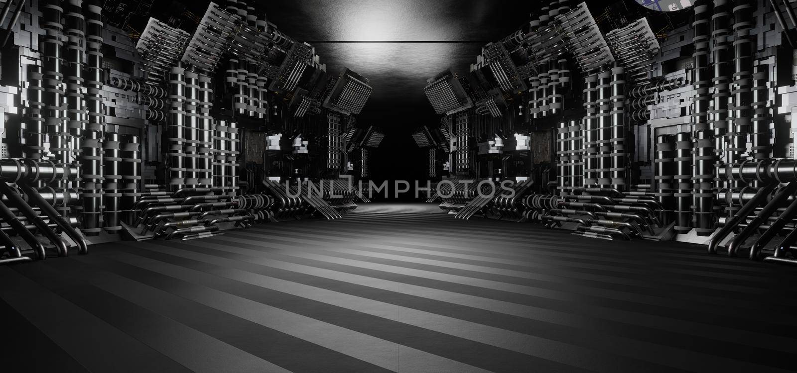 Futuristic Empty Hall Industrial with Reflective Floors 3D Render