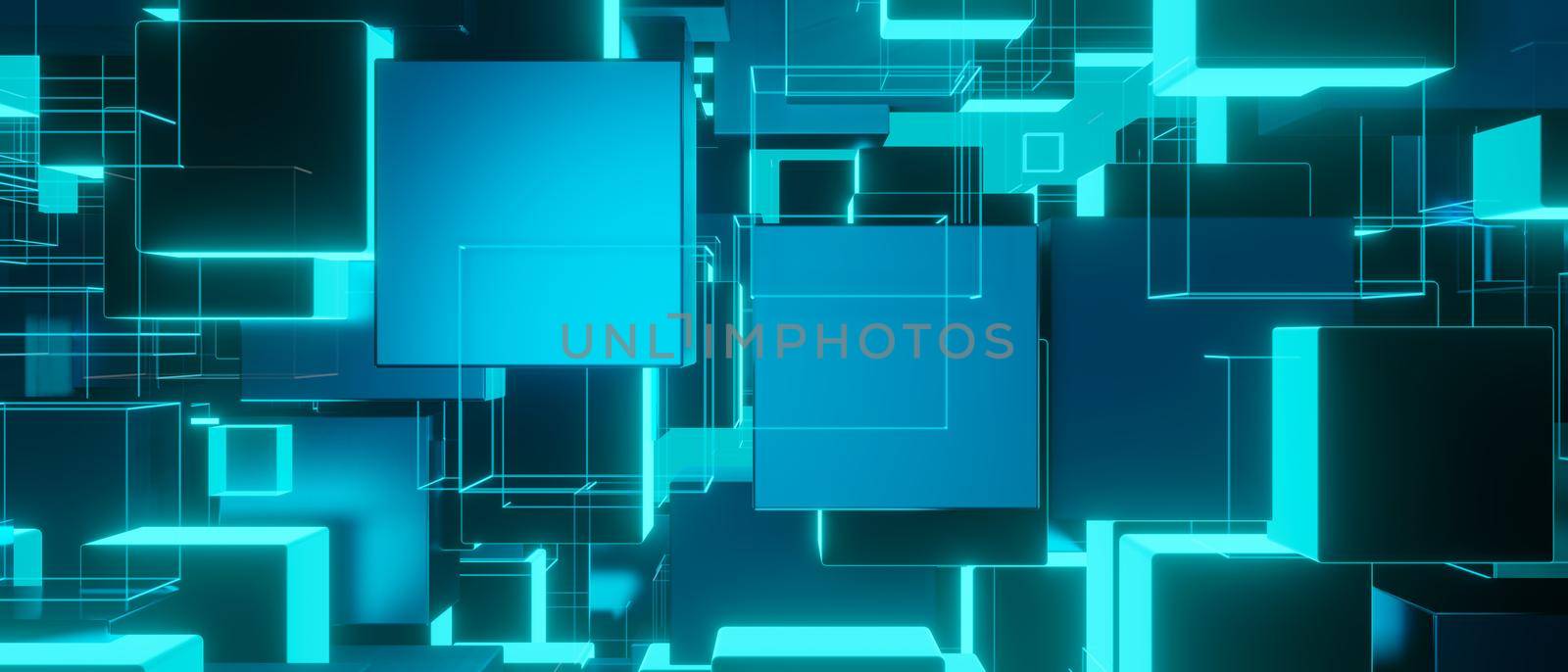 Futuristic Abstract Background Concept Communication And Technology Network Background With Boxes Lines Bright Blue Banner Background Wallpaper 3D Illustration by yay_lmrb