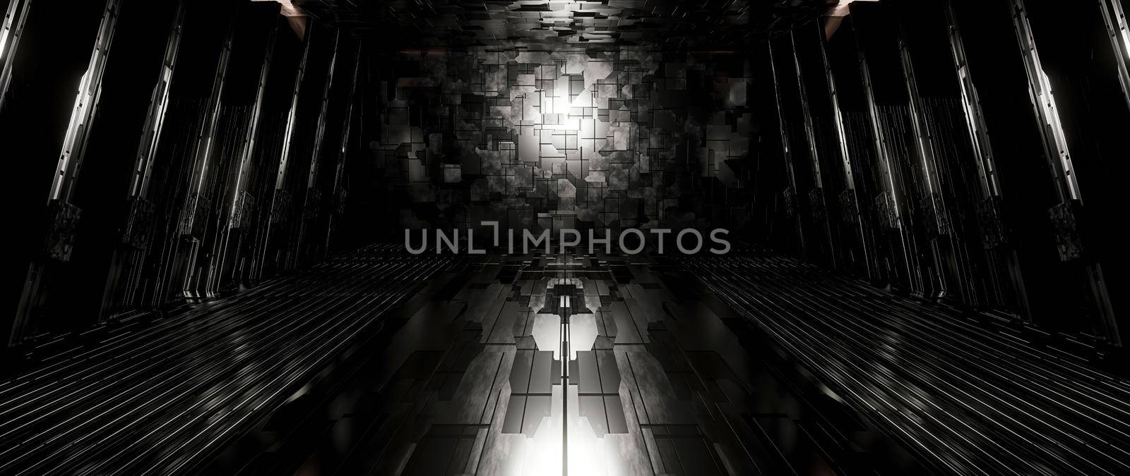 Robotic SciFi Reflective Metal Underground Tunnel Room Lighted Light Grey Banner Background Concept Of The Future For Product Backgrounds Presentation 3D Rendering