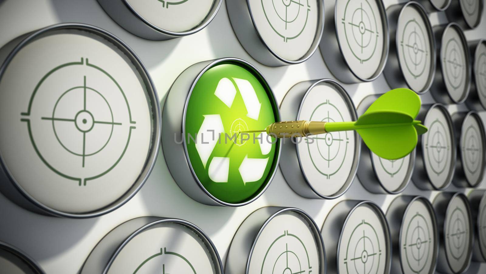 Green dart needle hit at the center of the target with recycle symbol. 3D illustration.