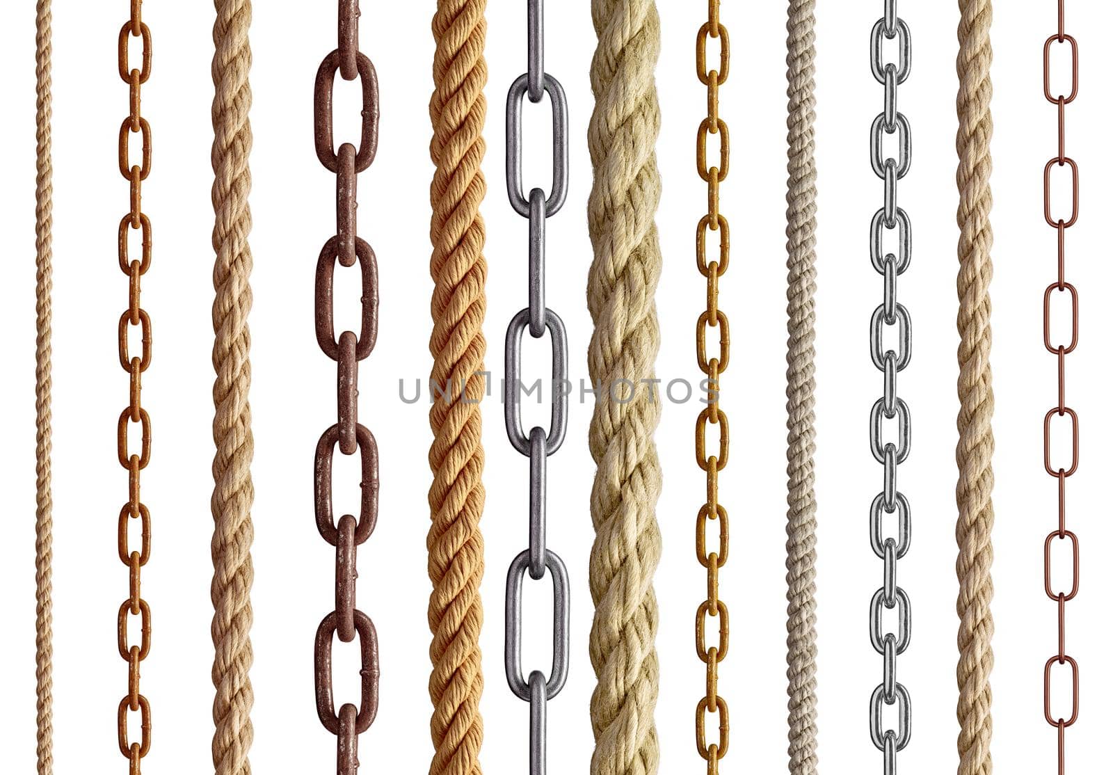 collection of various rope and chain on white background. each one is shot separately