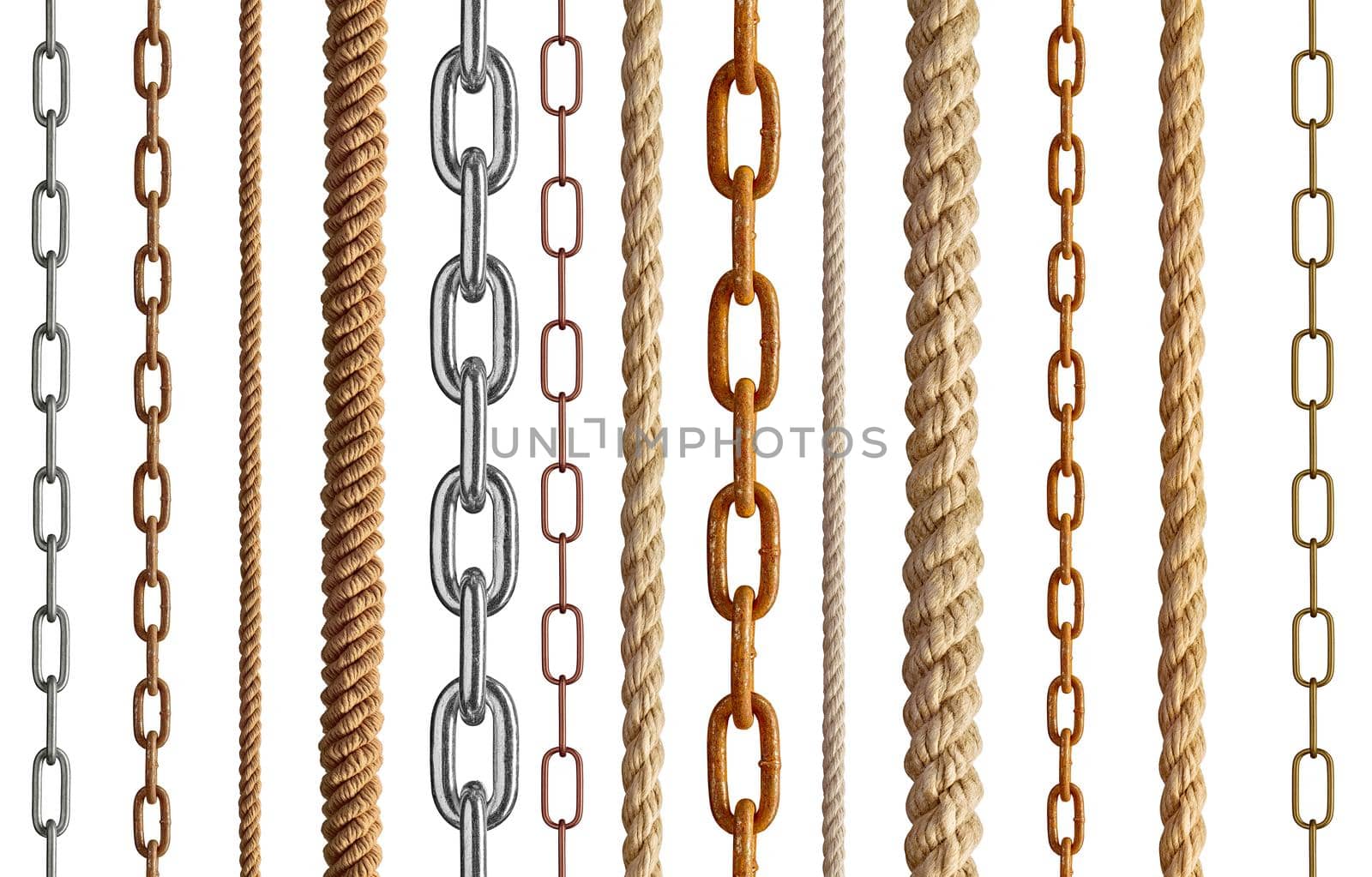 collection of various rope and chain on white background. each one is shot separately