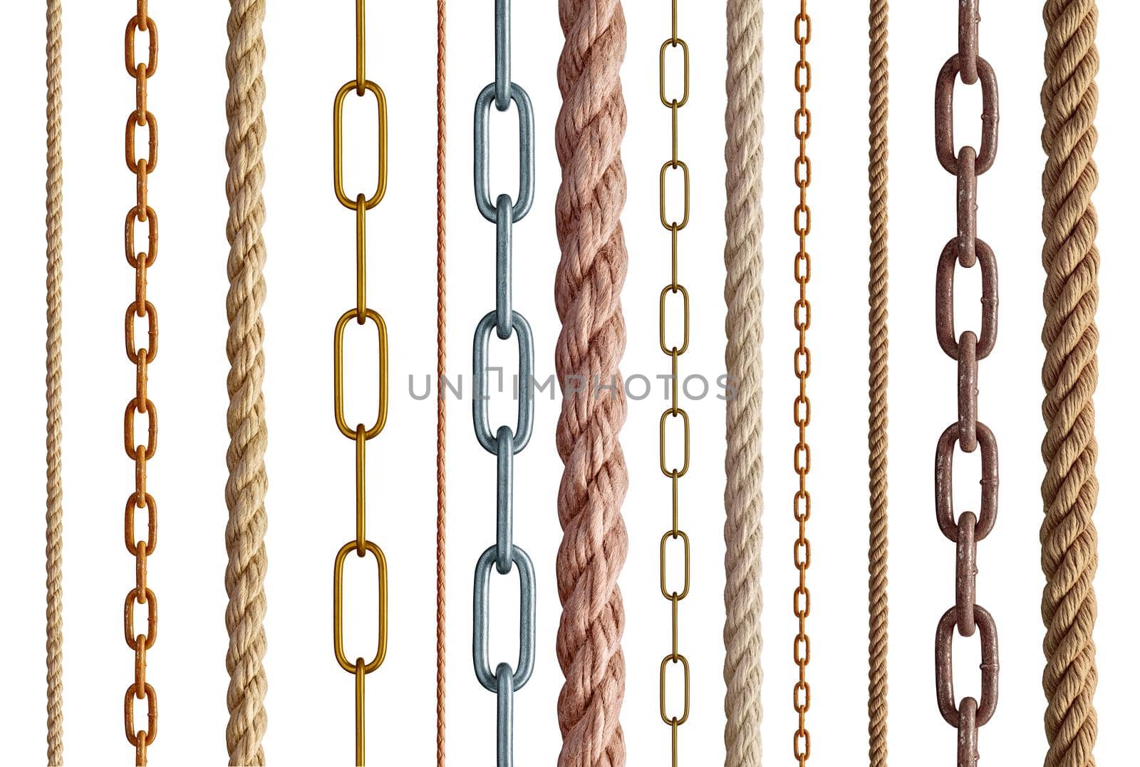 collection of various rope and chain on white background. each one is shot separately