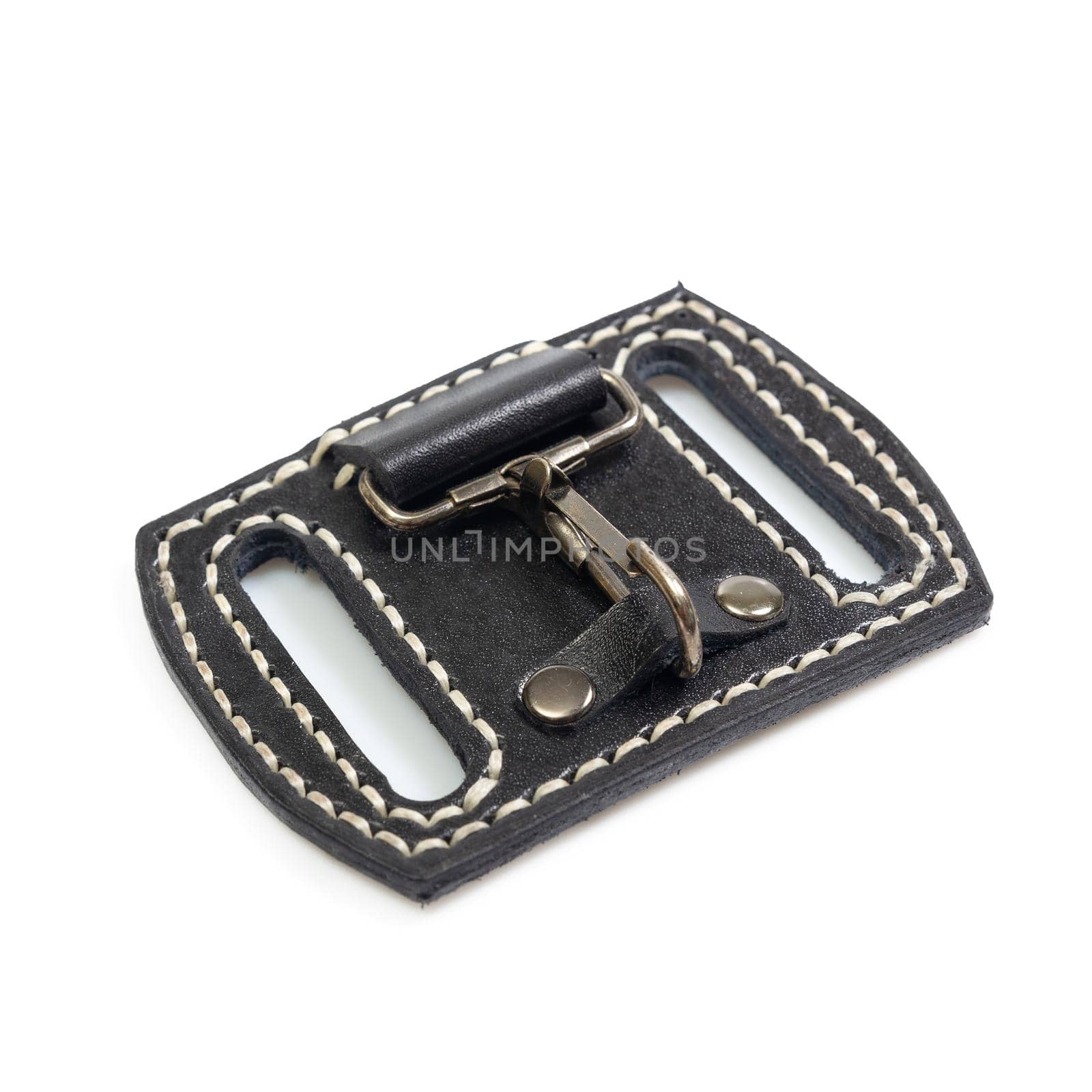 leather key strap with iron carabiner for mounting on a belt isolated on white background.