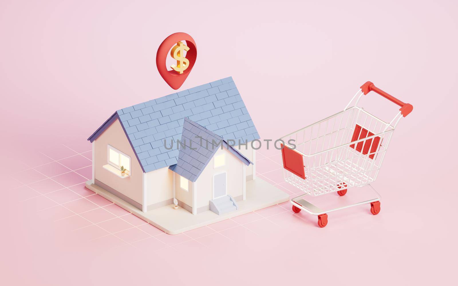 Shopping cart and purchase house concept, 3d rendering. Computer digital drawing.
