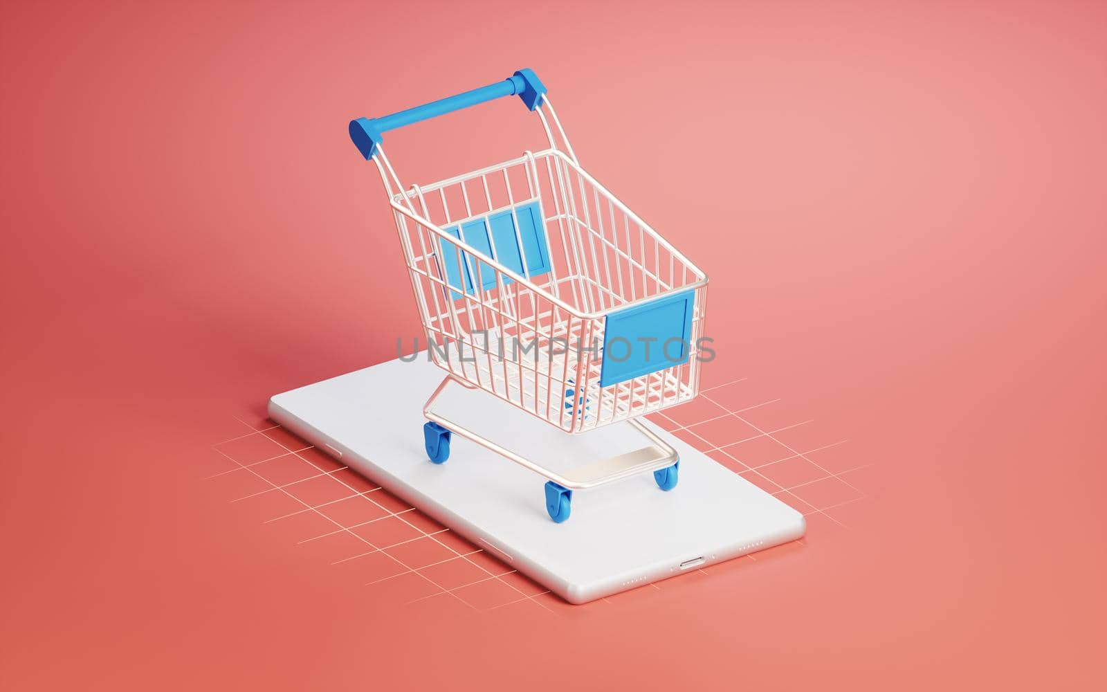 Shopping cart on the mobile phone, 3d rendering. Computer digital drawing.