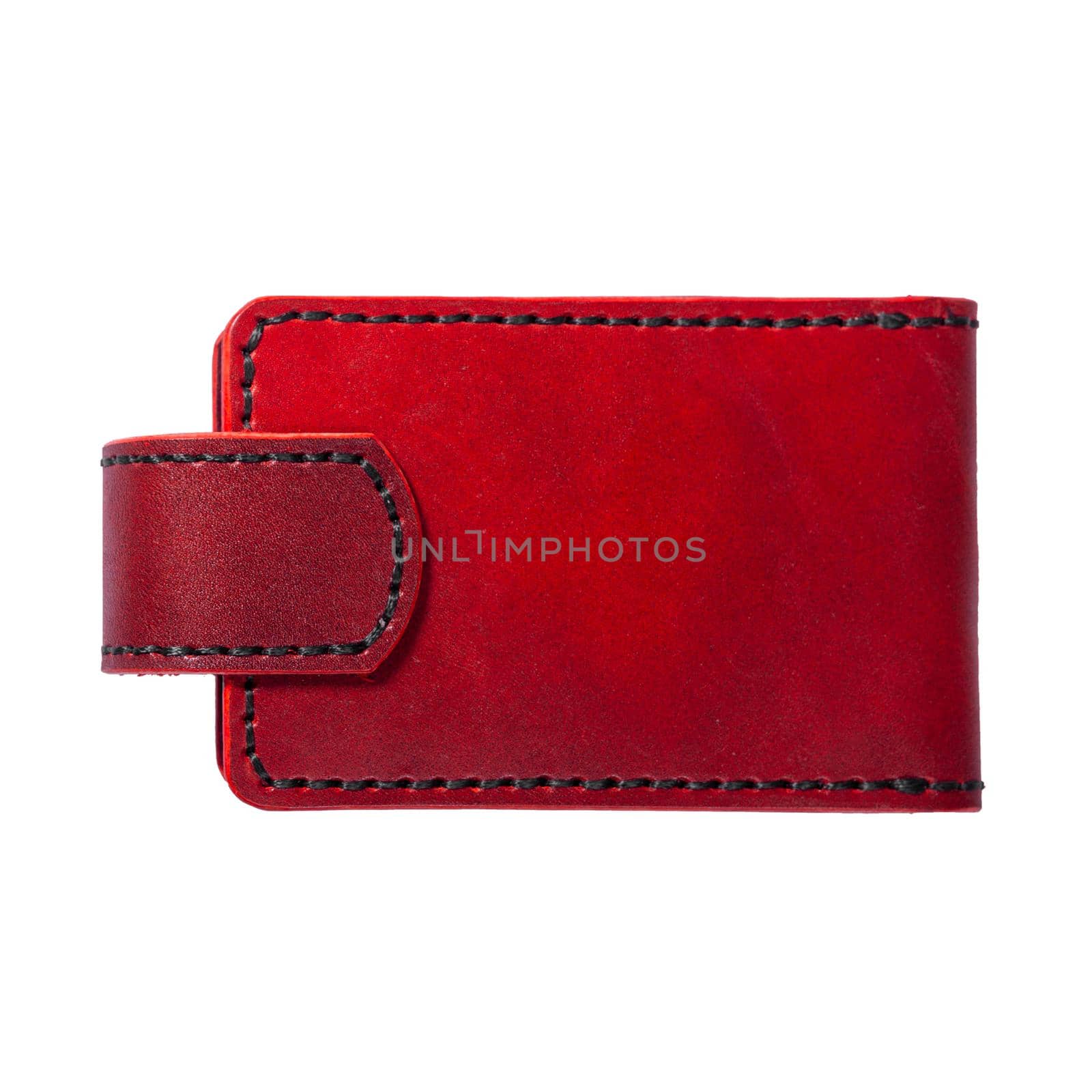 Luxury craft business card holder case made of leather. Red Leather box for cards isolated on white background. Back side.