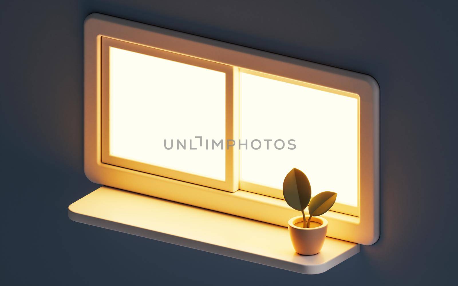 3D cartoon style windowsill with golden light, 3d rendering. Computer digital drawing.
