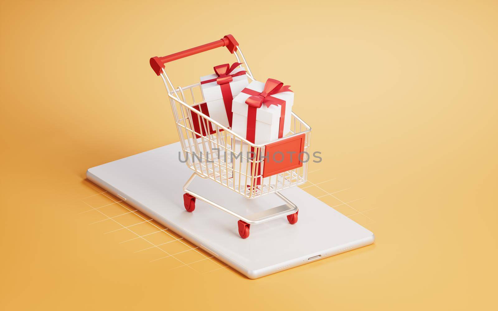 Shopping cart on the mobile phone, 3d rendering. Computer digital drawing.