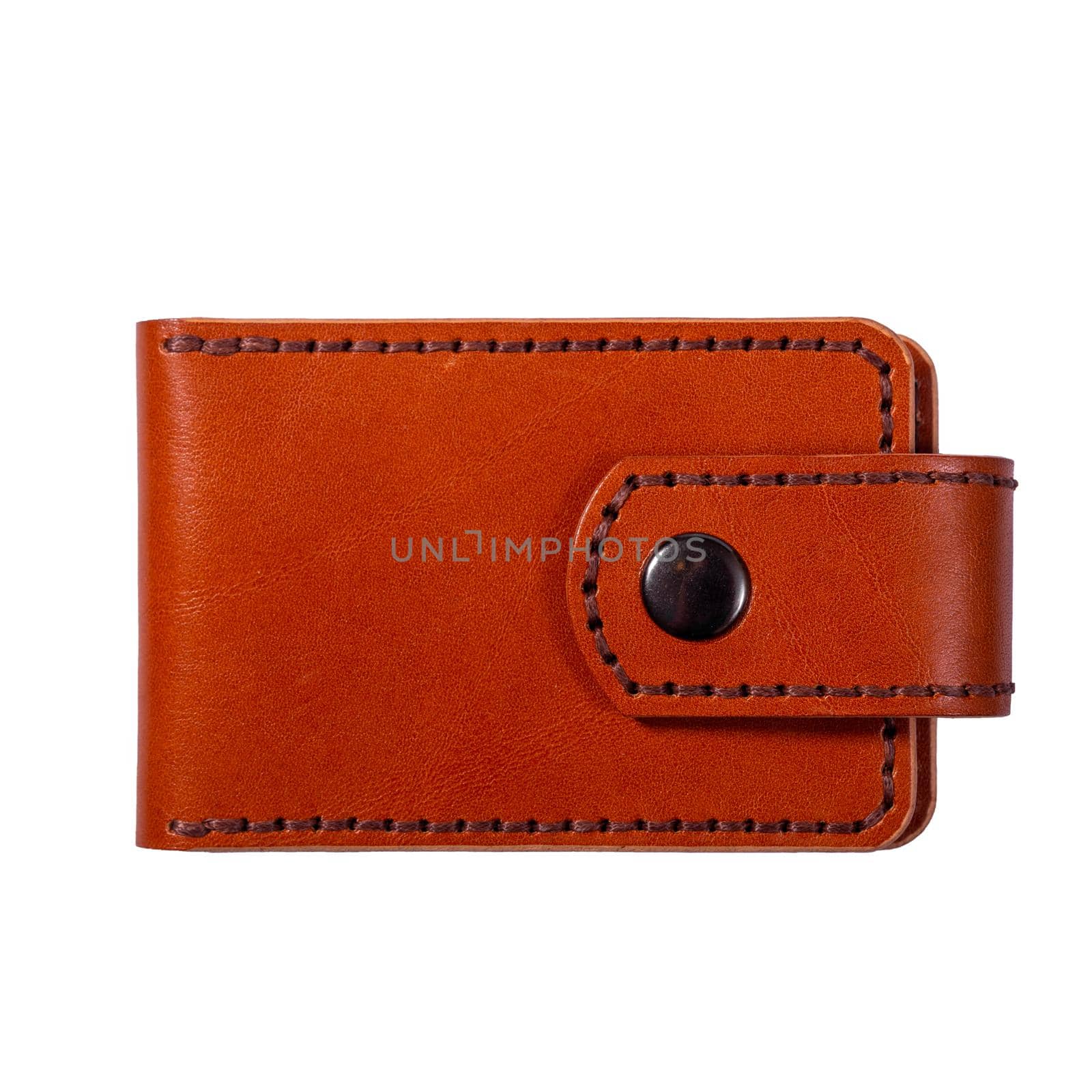 Luxury craft business card holder case made of leather. Brown Leather box for cards isolated on white background.