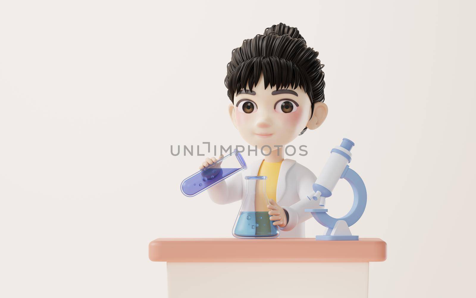 3D cartoon female analyst with chemical vessel, 3d rendering. Computer digital drawing.
