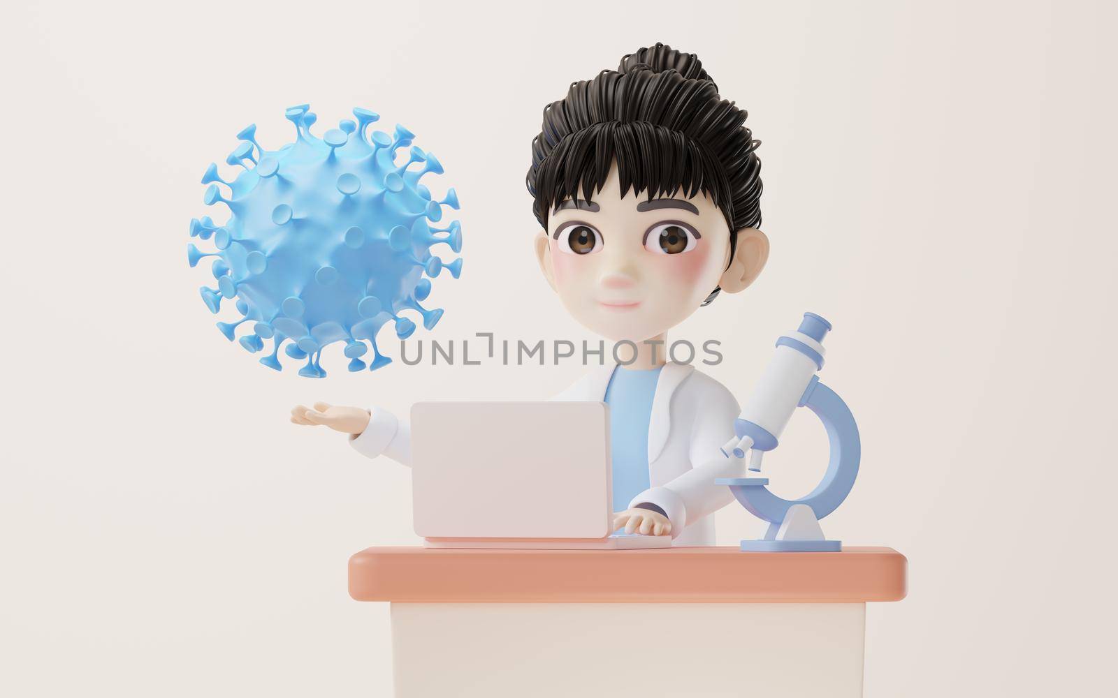 3D cartoon female researcher and virus, 3d rendering. by vinkfan