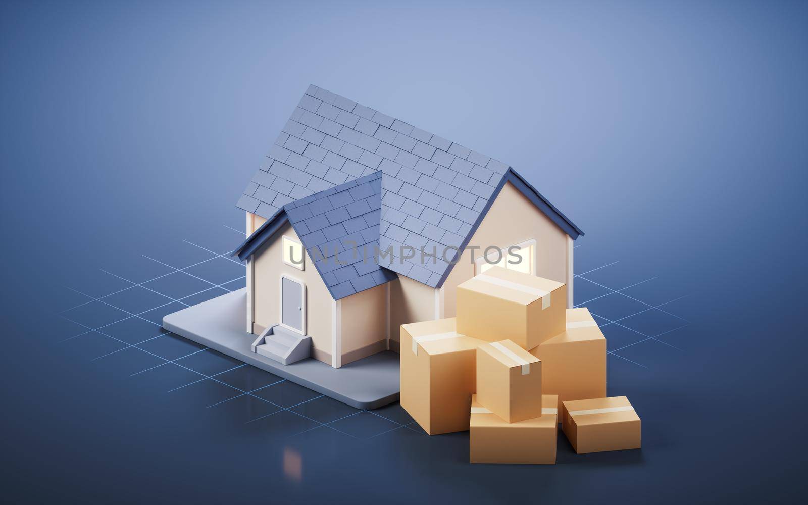 Packaging box with house, 3d rendering. Computer digital drawing.