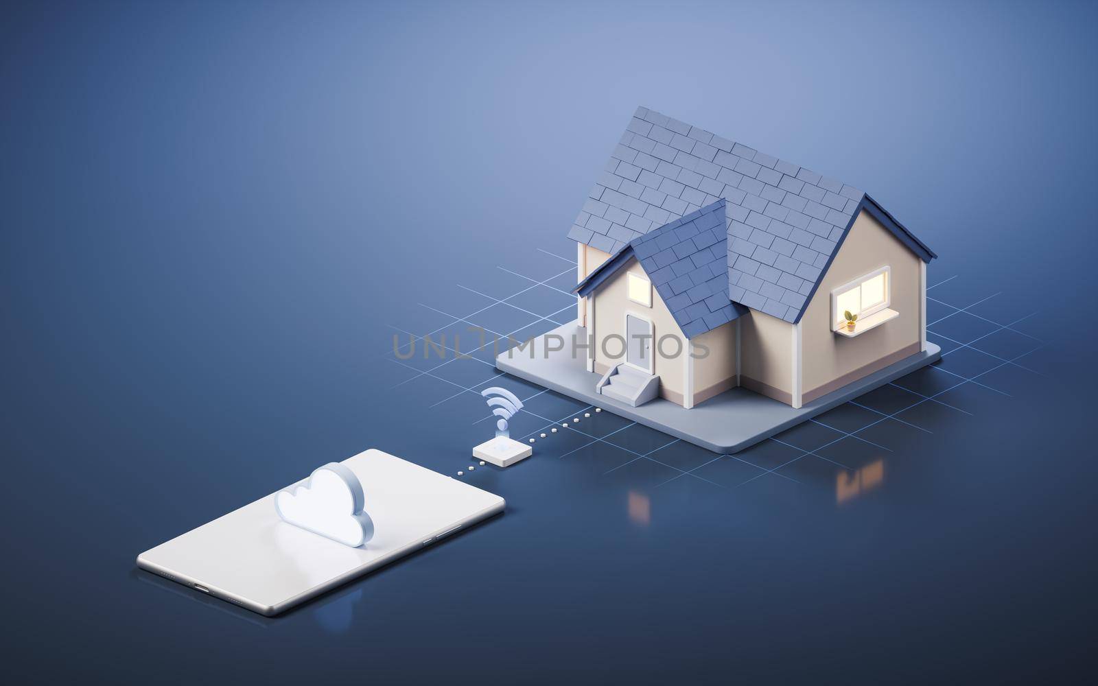Residence house and mobile phone remote, 3d rendering. Computer digital drawing.