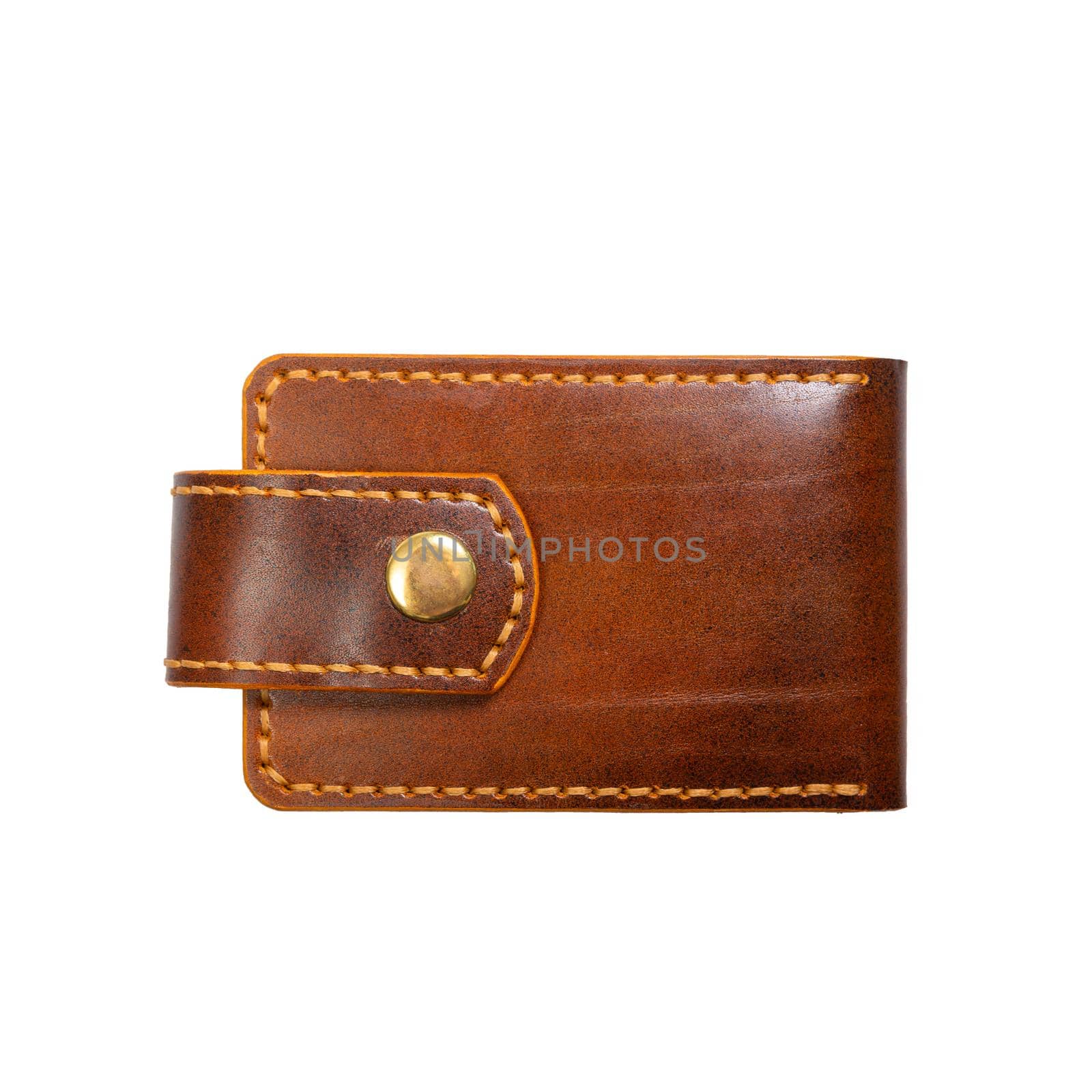 Luxury craft business card holder case made of leather. Brown Leather box for cards isolated on white background.