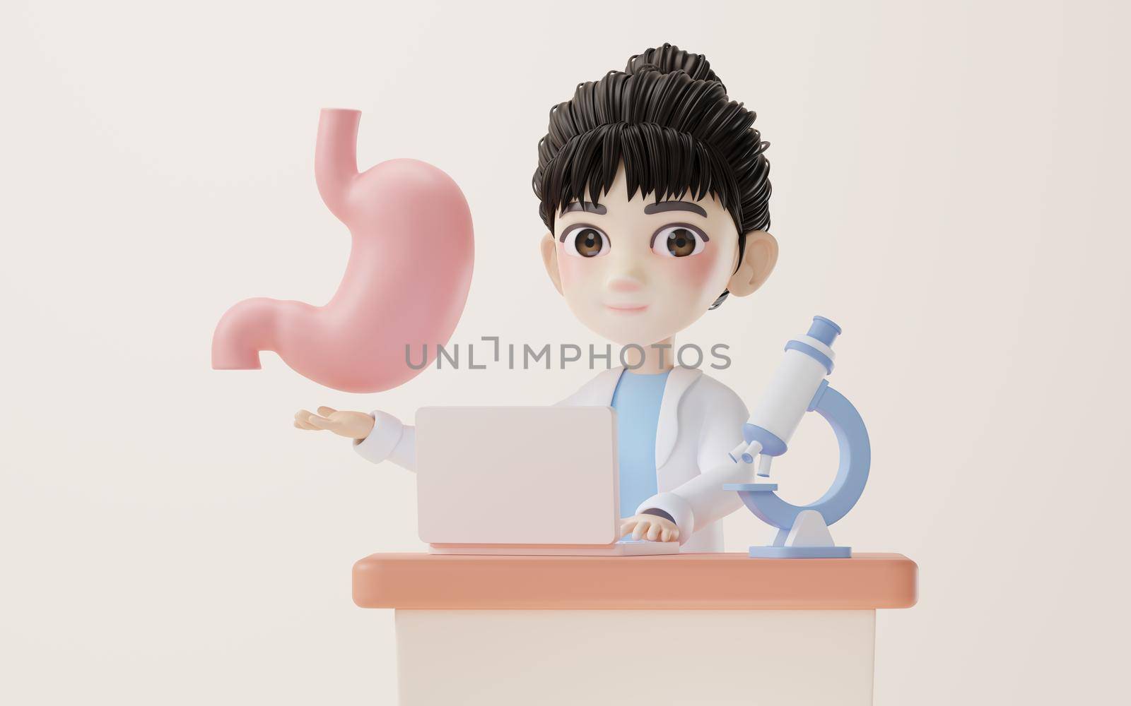3D cartoon female researcher and the stomach, 3d rendering. Computer digital drawing.