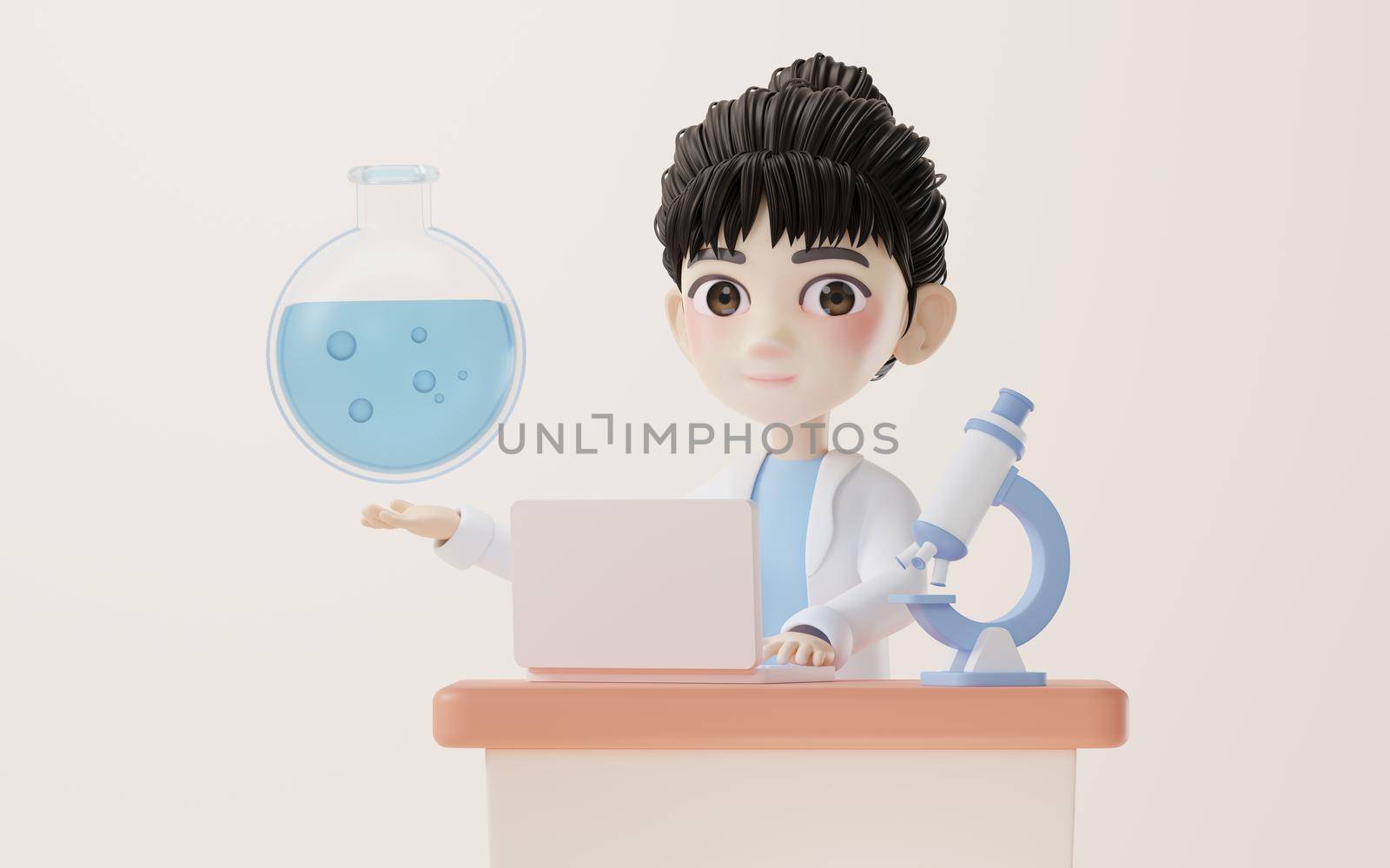 3D cartoon female analyst with chemical vessel, 3d rendering. by vinkfan