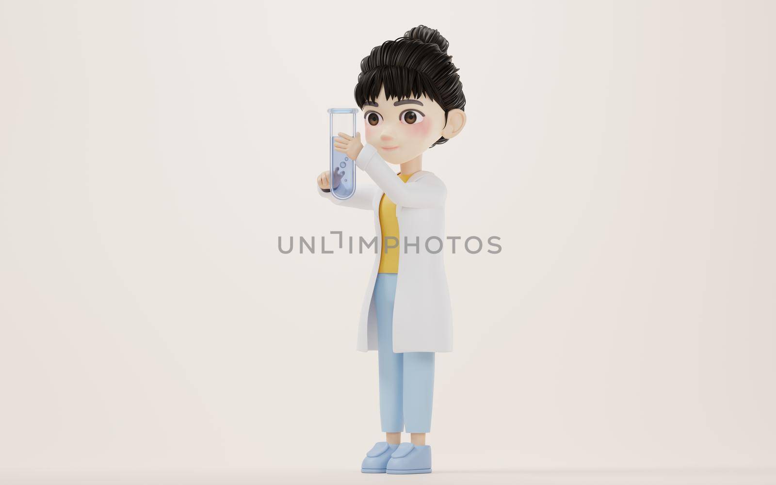 3D cartoon female analyst with chemical vessel, 3d rendering. by vinkfan