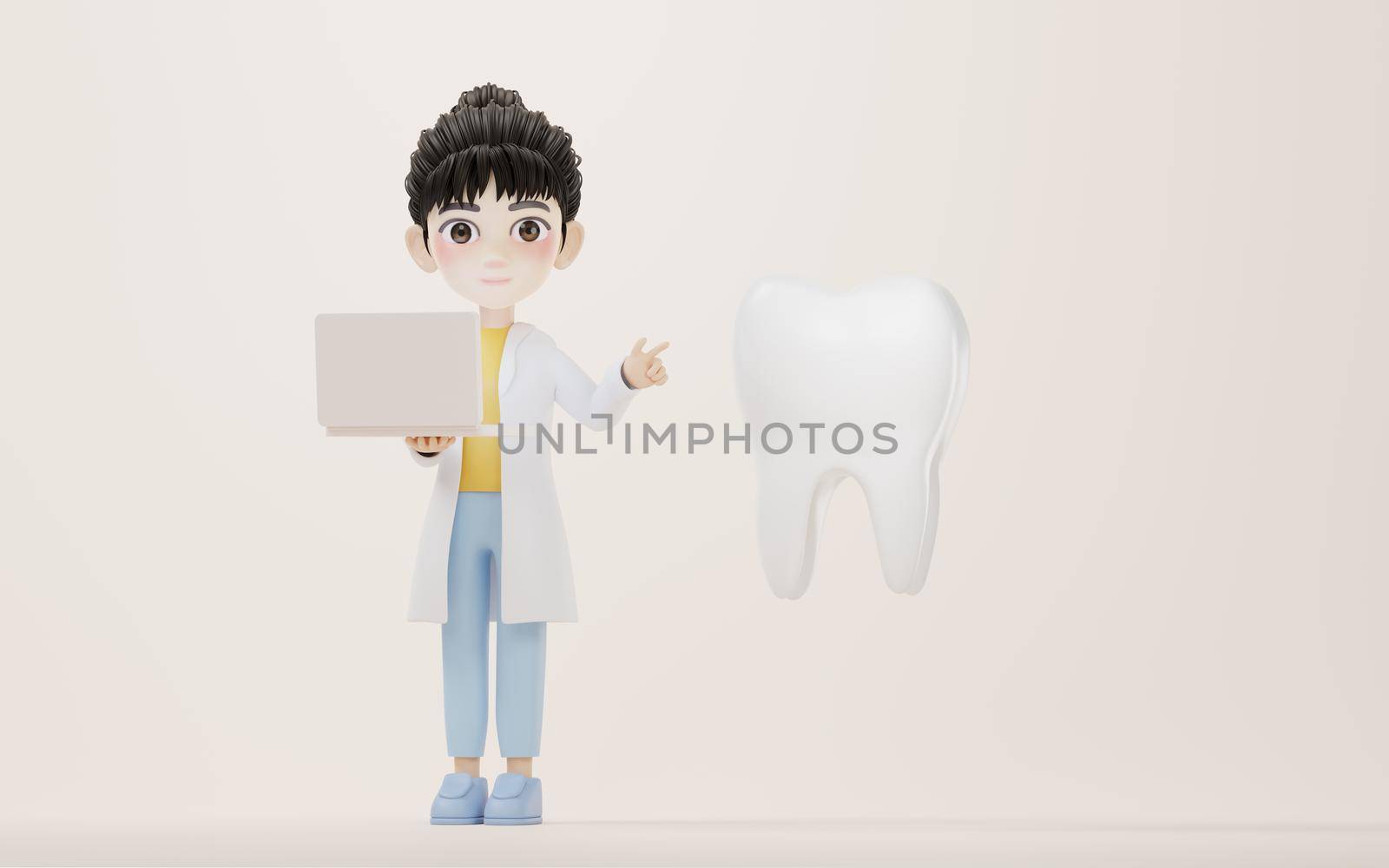 3D cartoon female researcher and the tooth, 3d rendering. Computer digital drawing.