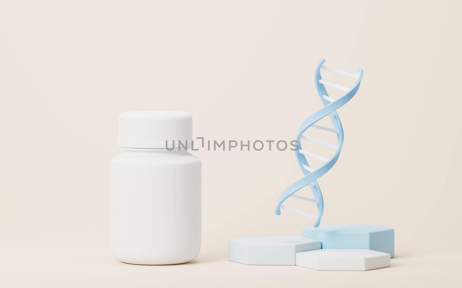 DNA and pharmaceutical concept, 3d rendering. Computer digital drawing.
