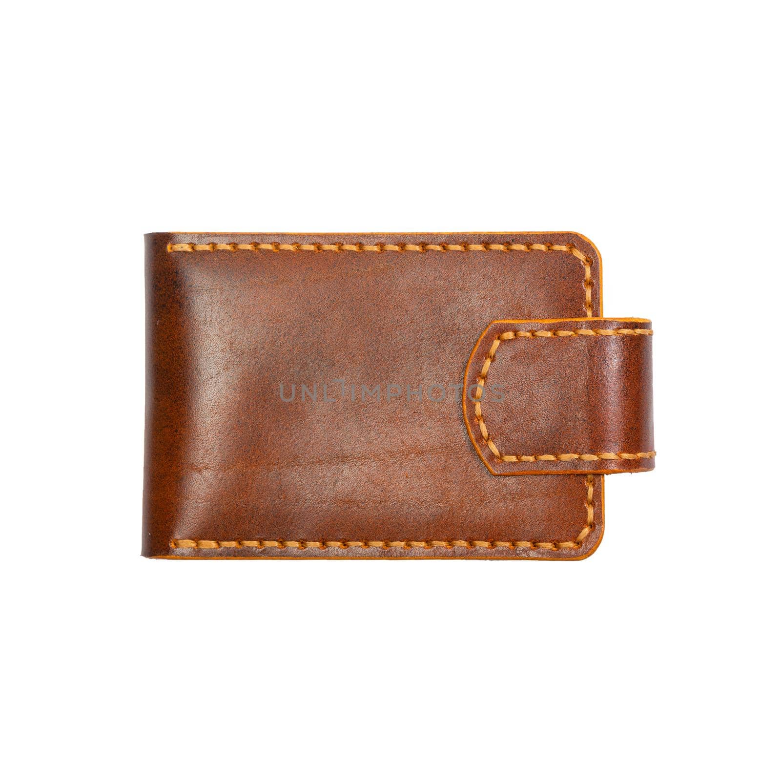Luxury craft business card holder case made of leather. Brown Leather box for cards isolated on white background. Back side.