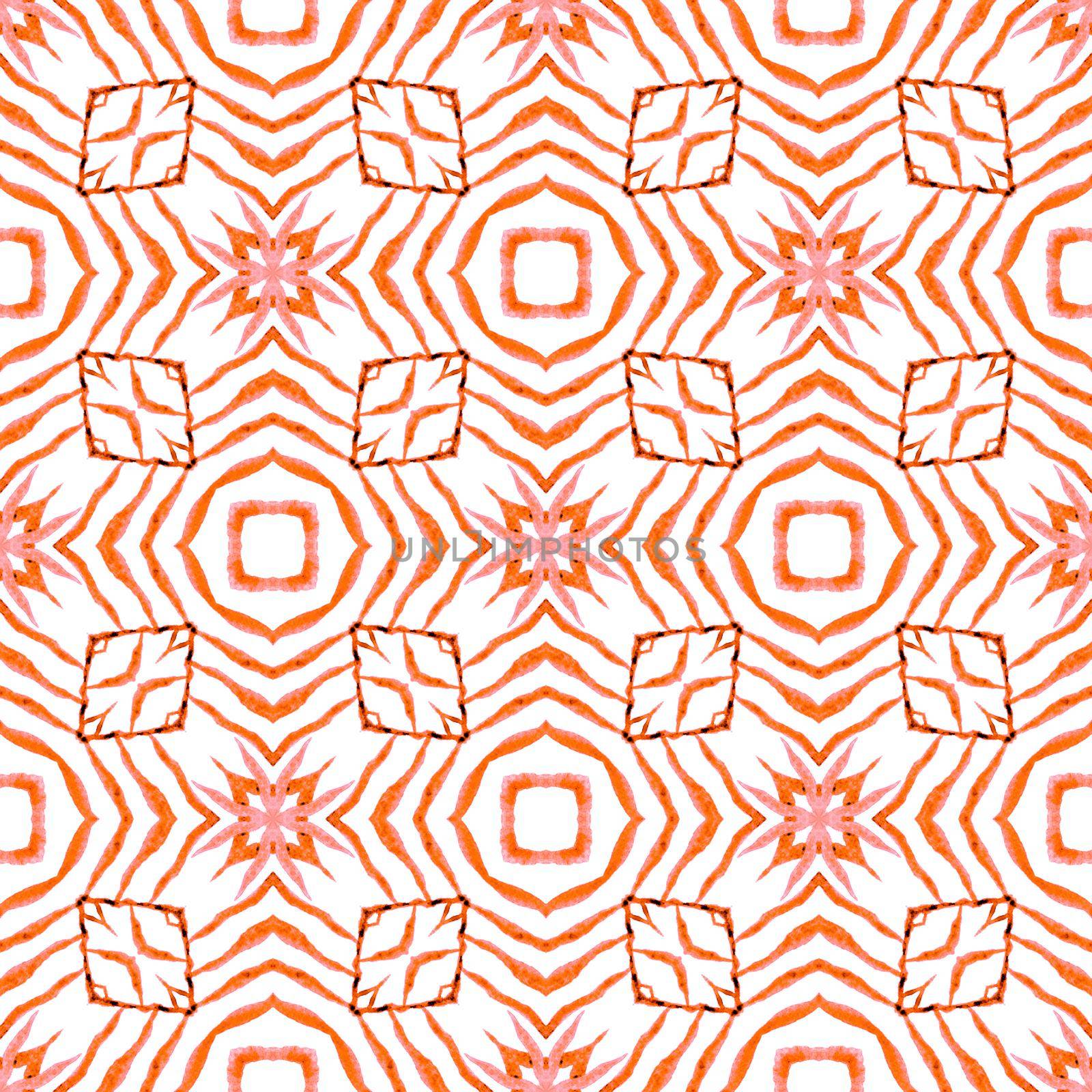 Textile ready bewitching print, swimwear fabric, wallpaper, wrapping. Orange mind-blowing boho chic summer design. Medallion seamless pattern. Watercolor medallion seamless border.
