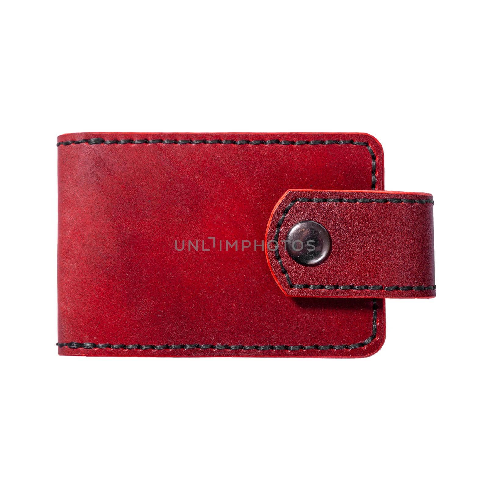 Luxury craft business card holder case made of leather. Red Leather box for cards isolated on white background.