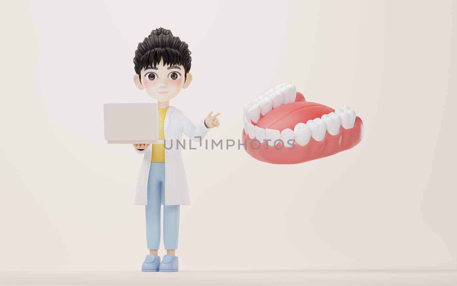 3D cartoon female researcher and the tooth, 3d rendering. by vinkfan