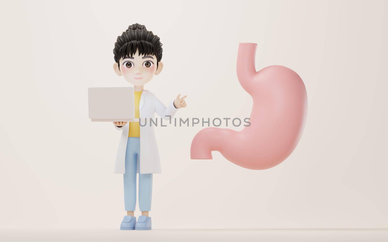 3D cartoon female researcher and the stomach, 3d rendering. Computer digital drawing.