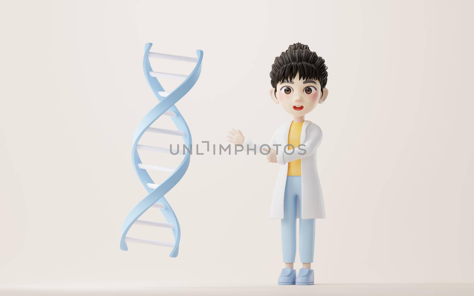 3D cartoon female researcher and DNA, 3d rendering. Computer digital drawing.