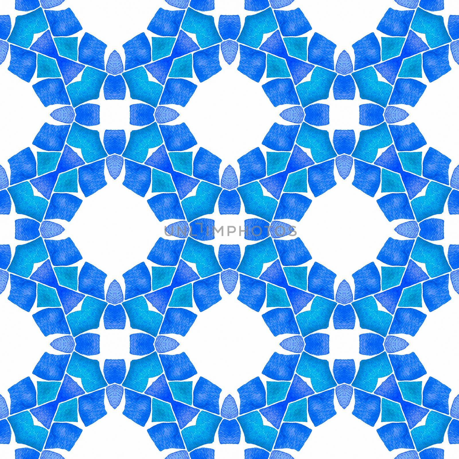 Textile ready gorgeous print, swimwear fabric, wallpaper, wrapping. Blue optimal boho chic summer design. Hand drawn green mosaic seamless border. Mosaic seamless pattern.