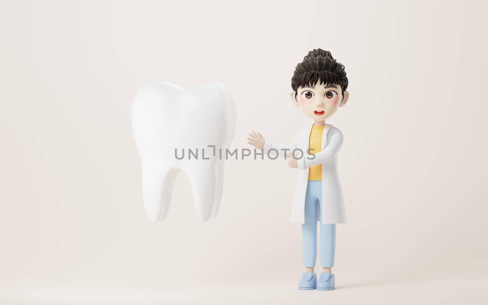 3D cartoon female researcher and the tooth, 3d rendering. by vinkfan