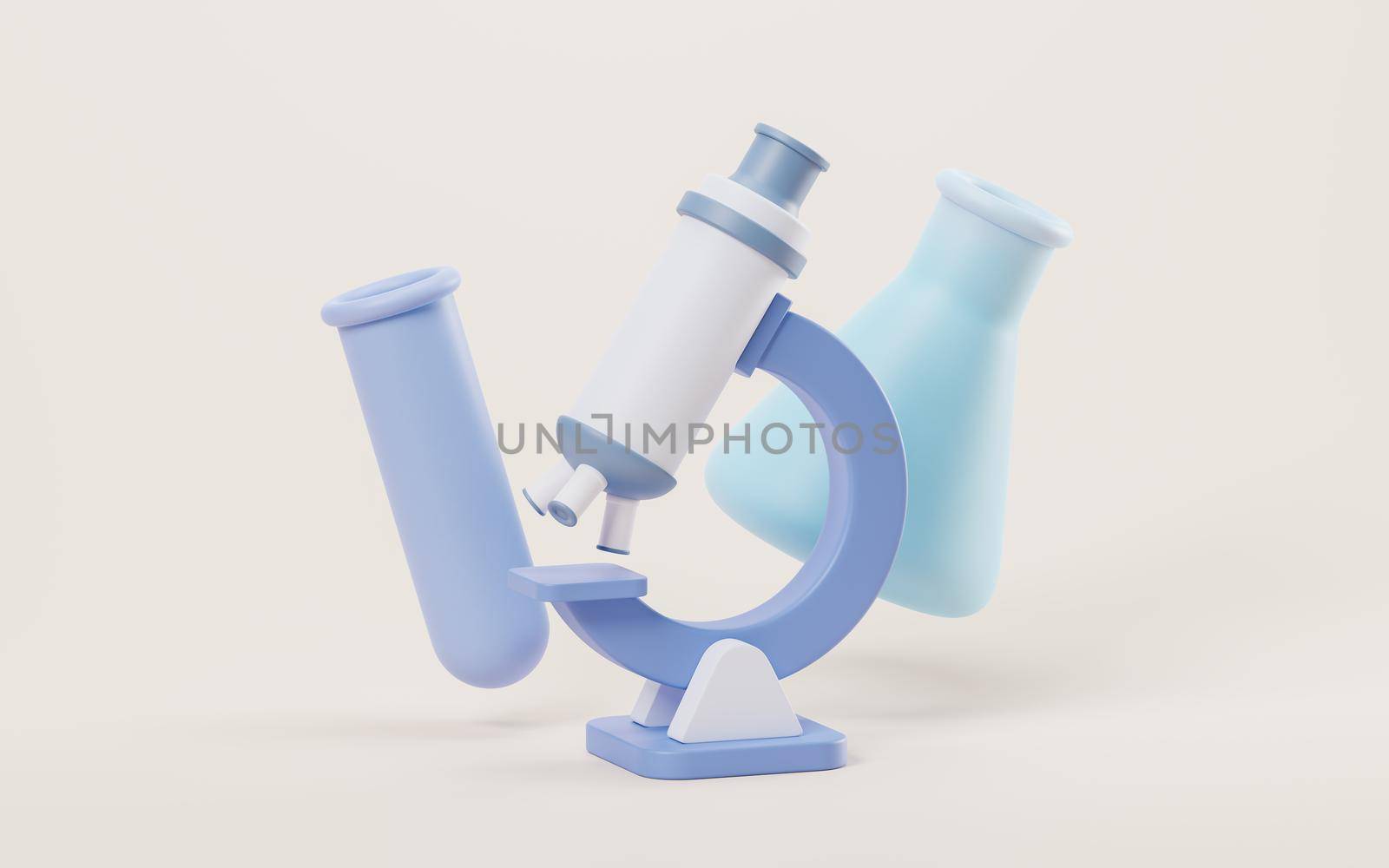 3D cartoon style microscope and chemical vessel, 3d rendering. Computer digital drawing.