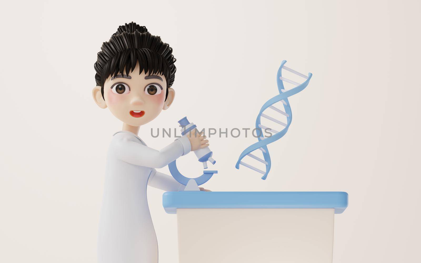 3D cartoon female researcher and DNA, 3d rendering. Computer digital drawing.