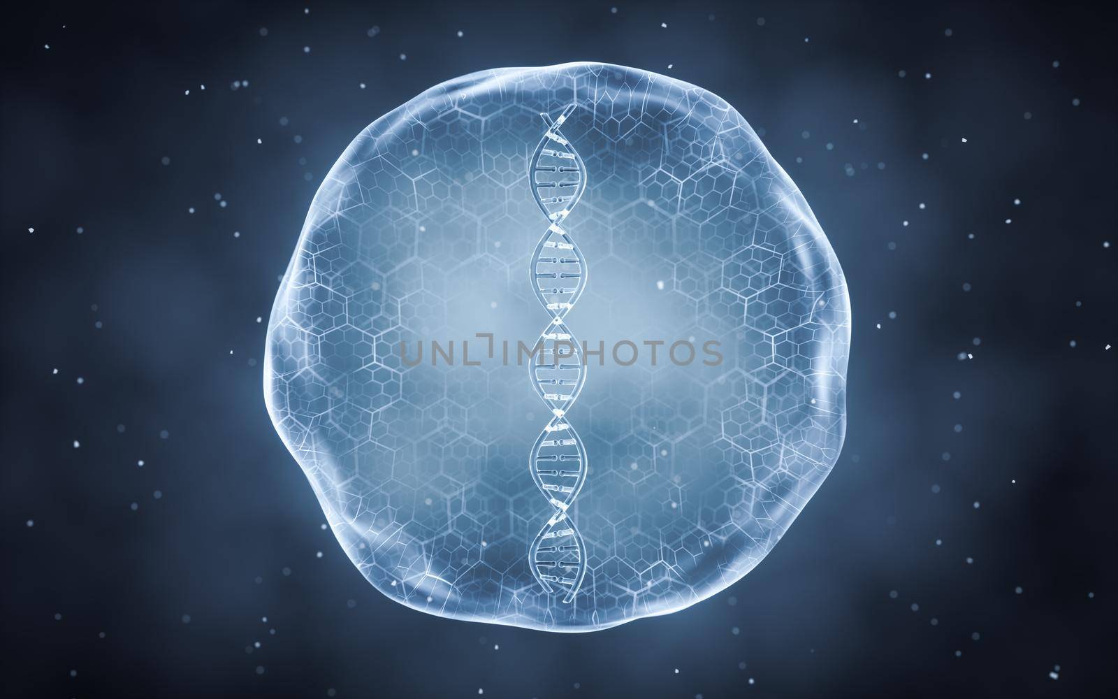 Organic sphere with DNA inside, 3d rendering. Computer digital drawing.