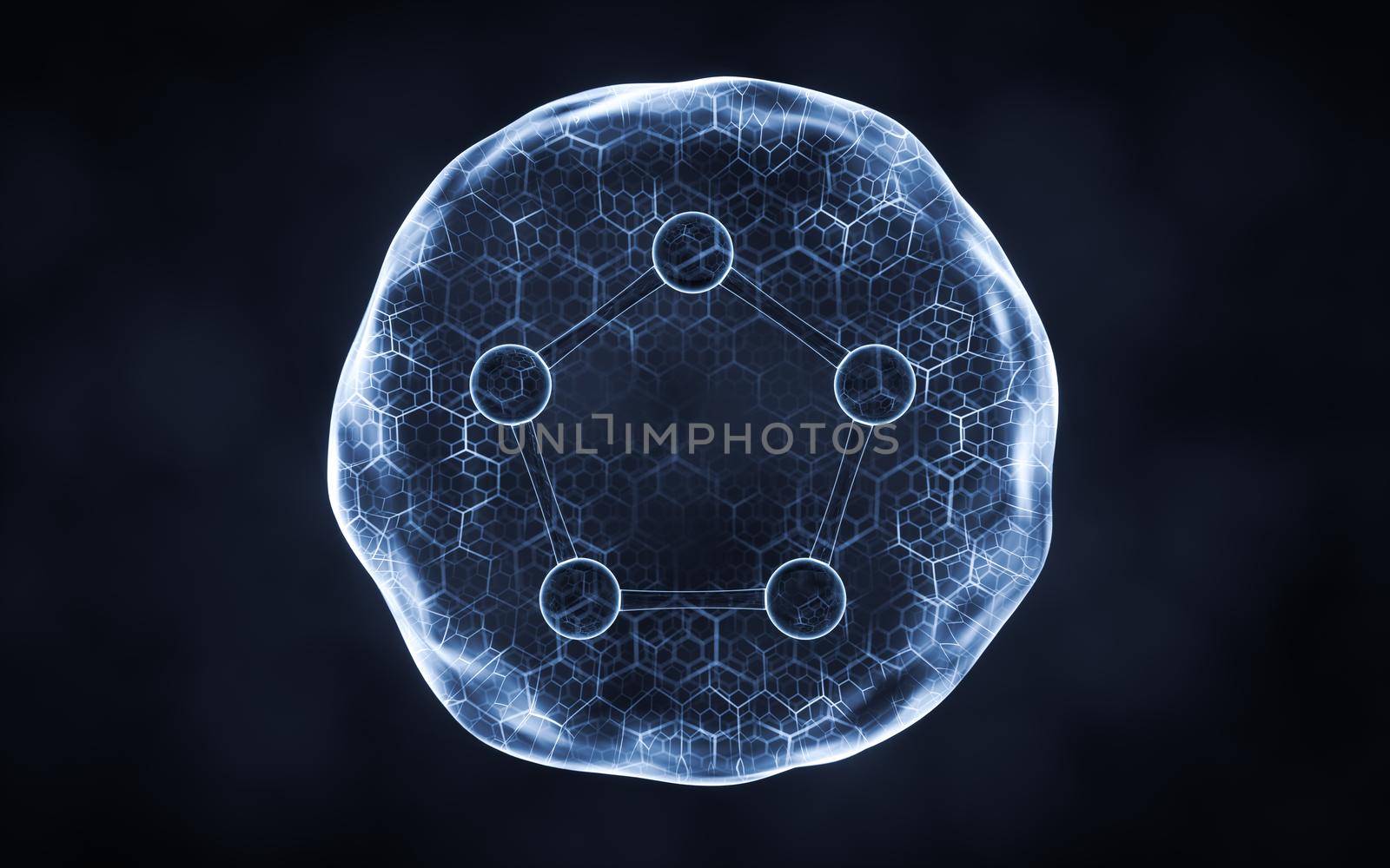 Organic sphere with molecule inside, 3d rendering. Computer digital drawing.