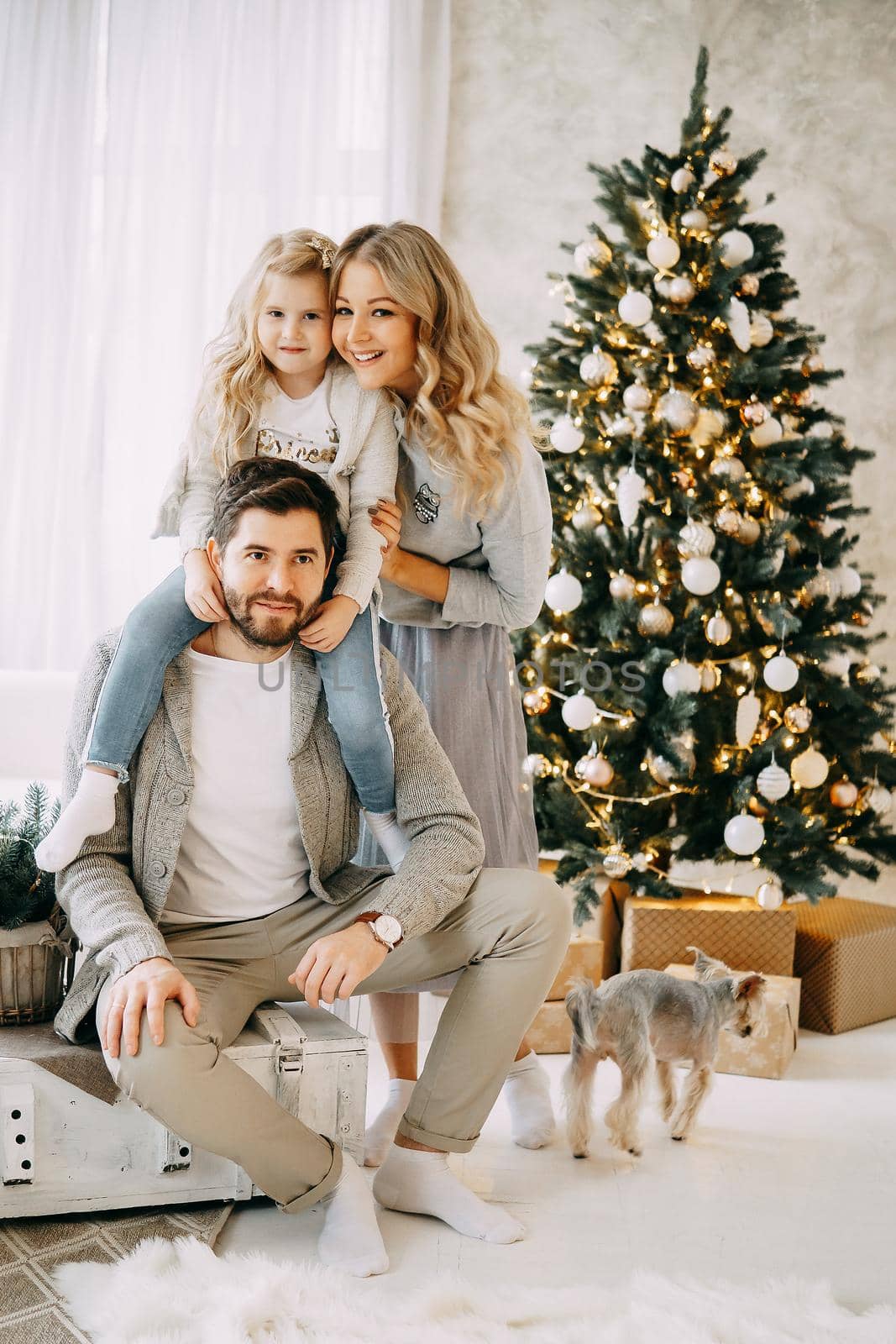 Happy family: mom, dad and pet. Family in a bright New Year's interior with a Christmas tree.