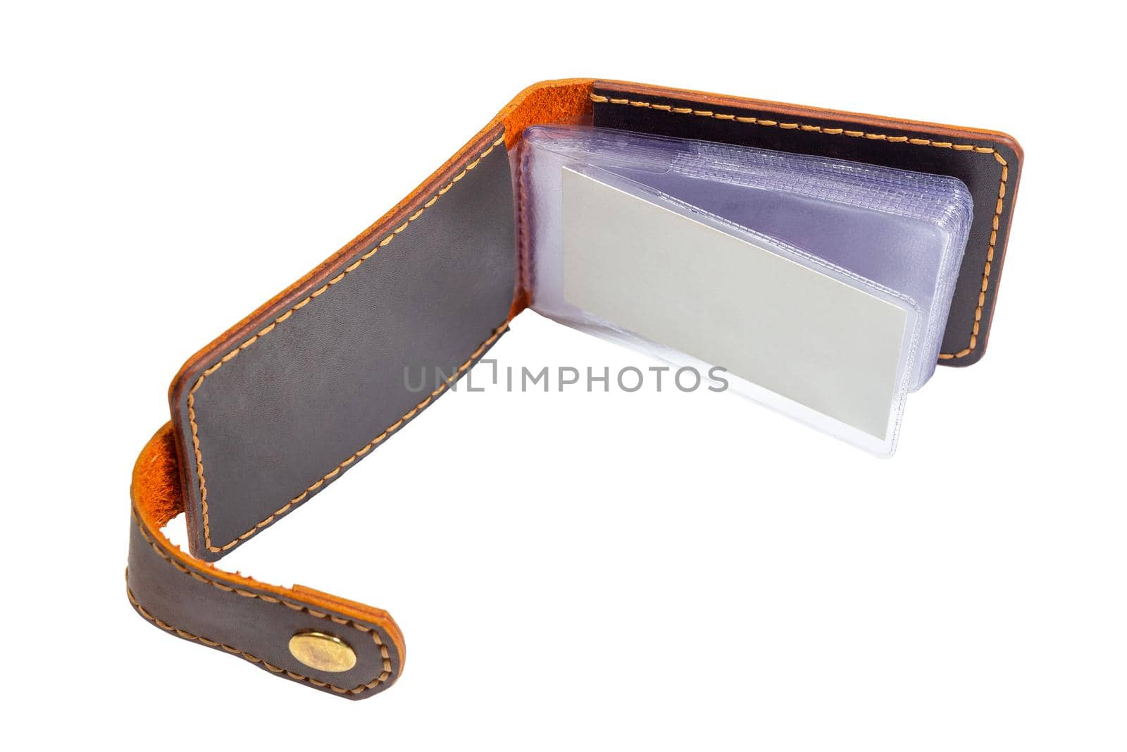 Open luxury craft business card holder case made of leather. Black Leather box for cards isolated on white background.