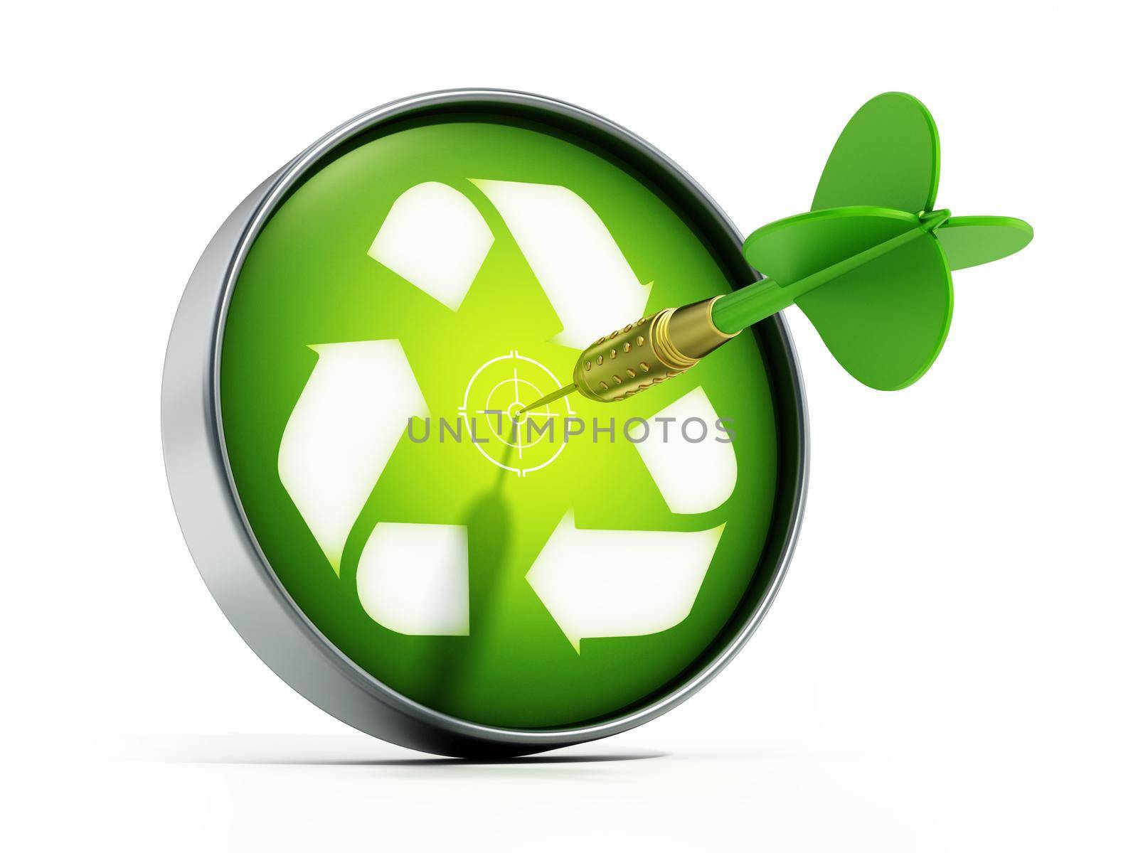 Dart needle hit at the center of target with recycle symbol. 3D illustration by Simsek