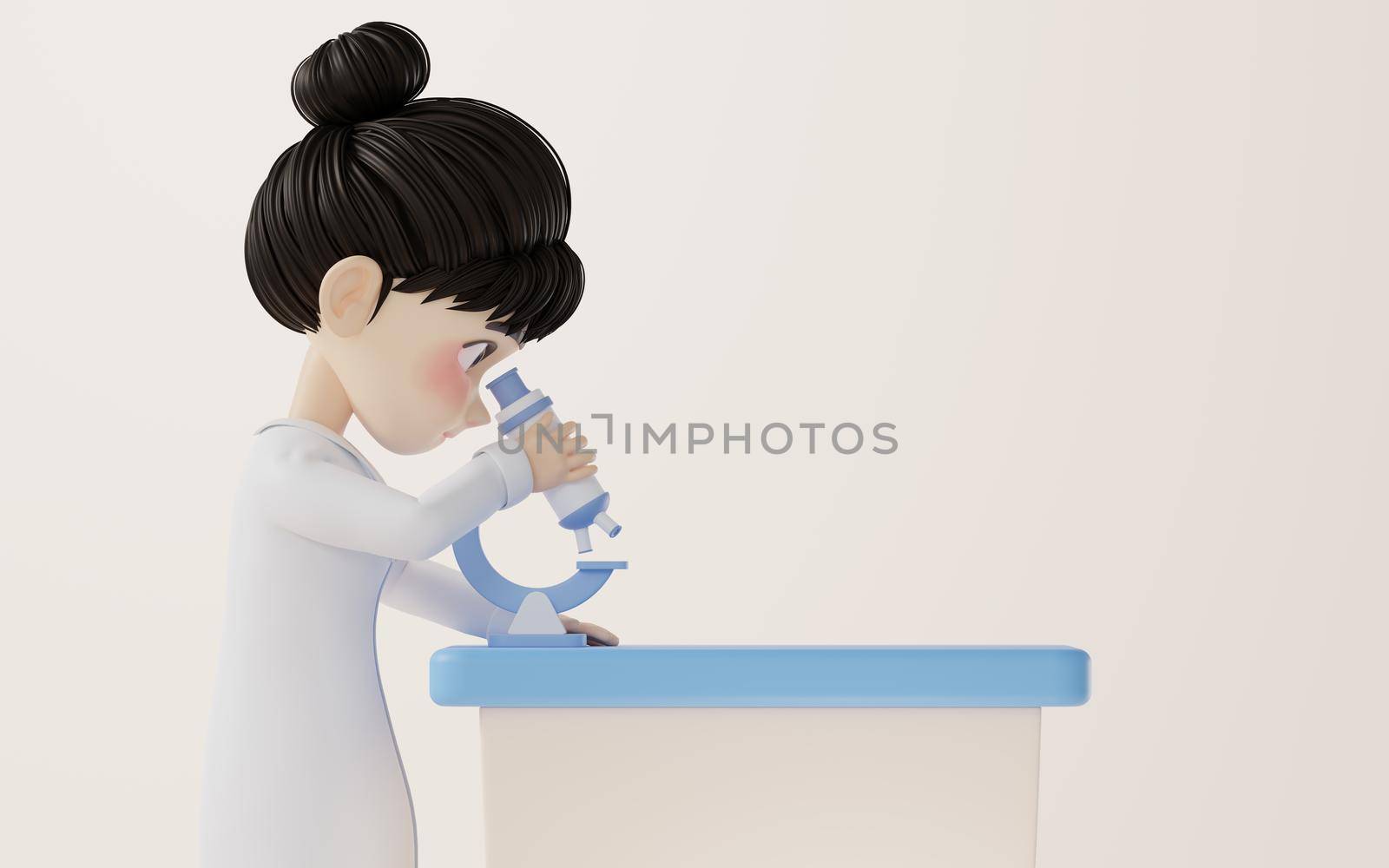 3D cartoon female researcher and microscope, 3d rendering. by vinkfan