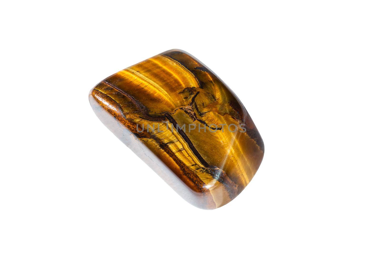 Tiger eye stone isolated on white background. Polished rock specimen 