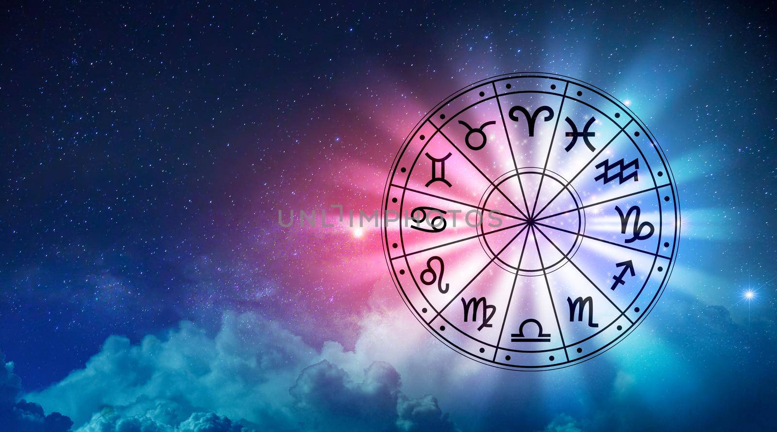 Zodiac signs inside of horoscope circle. Astrology in the sky with many stars and moons  astrology and horoscopes concept