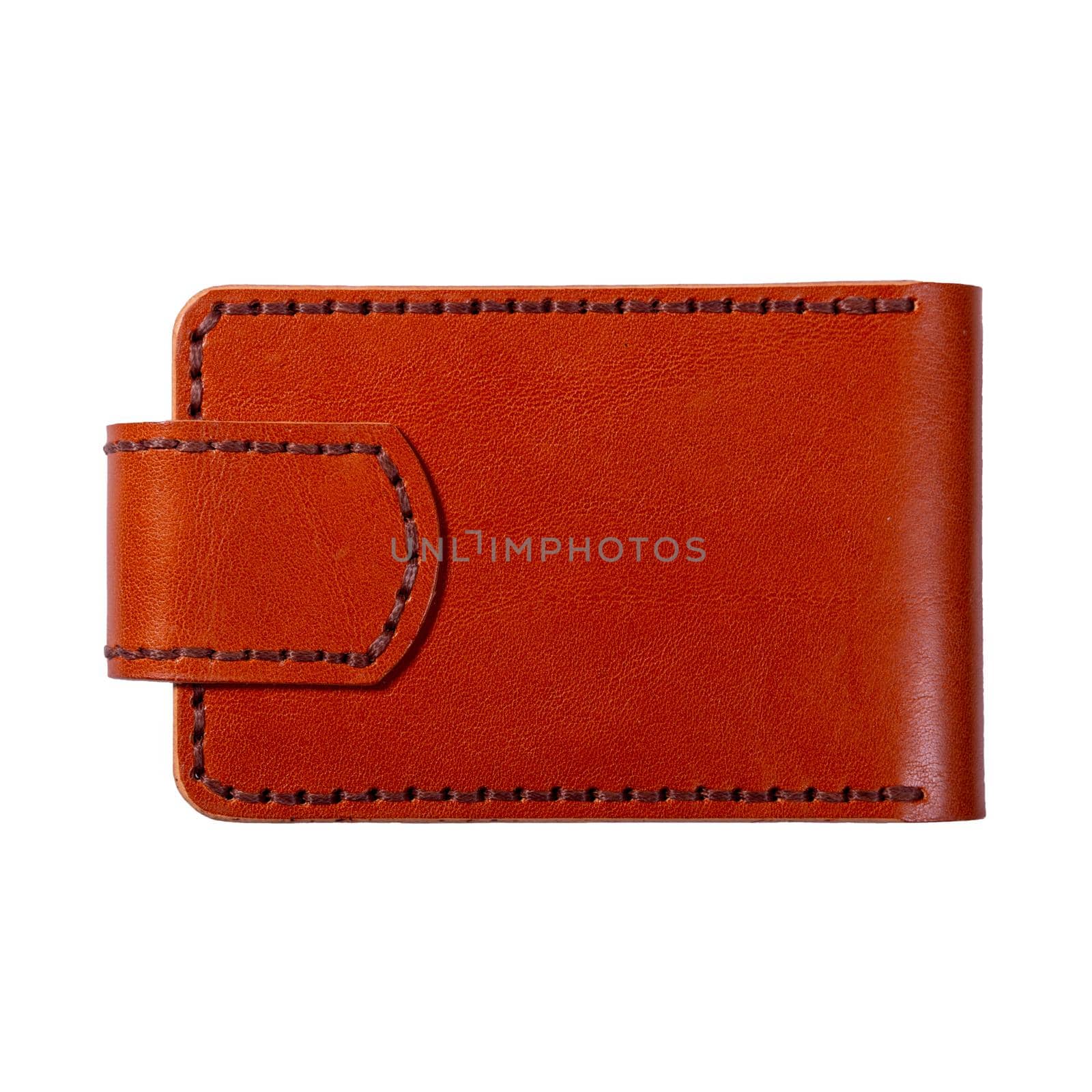 Luxury craft business card holder case made of leather. Brown Leather box for cards isolated on white background. Back side.
