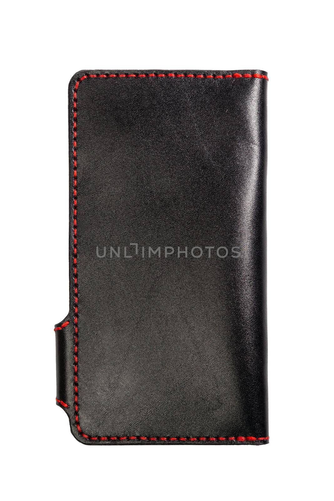 Black natural leather women wallet isolated on white background. Back side.