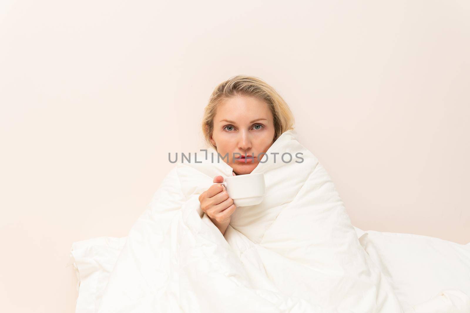Cold bed blanket coffee cell beauty spa copyspace female hotel, concept untying white for home and wellness caucasian, lifestyle robe. Dressing interior therapy,